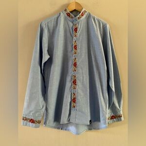 Diavolo Women’s Blue Embroidered Boho Button Down Shirt Western Glam Size MEDIUM